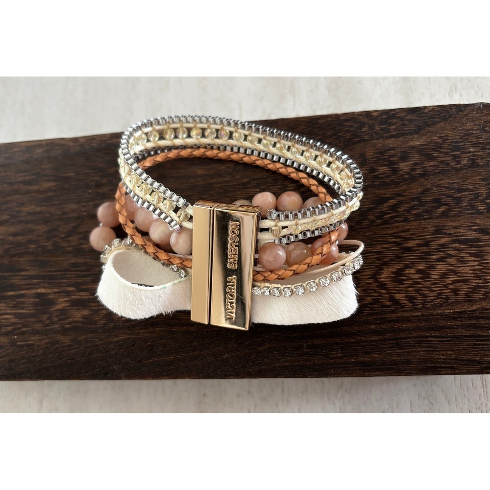 Victoria Emerson Boho Cuff Bracelet Magnetic Clasp Multi Strand Beads Jewelry